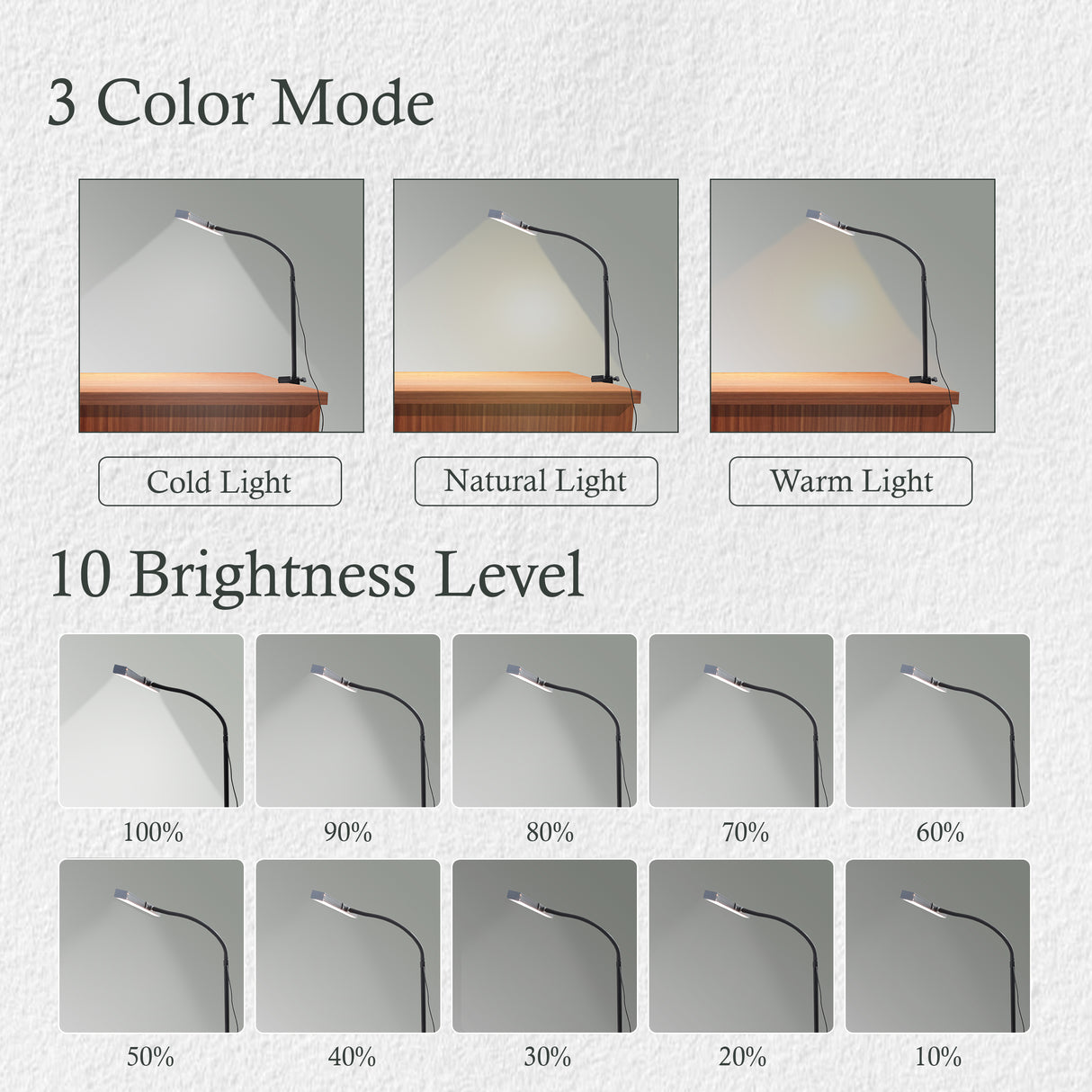 Isomars Desktop Table lamp, Overhead LED Desk Lamp Light, Table Holding clamp, Study, Computer lamp, 24" Light bar Flexible Gooseneck, 3 Color Mode, for Desktop, Bedroom, Office, Reading, etc
