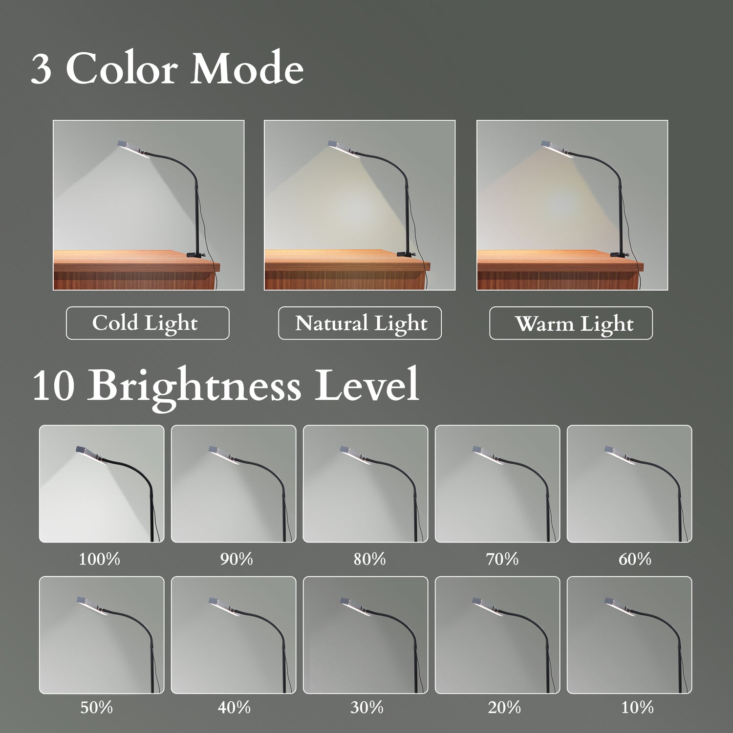 Isomars Desktop Table lamp, Overhead LED Desk Lamp Light, Table Holding clamp, Study, Computer lamp, 24" Light bar Flexible Gooseneck, 3 Color Mode, for Desktop, Bedroom, Office, Reading, etc