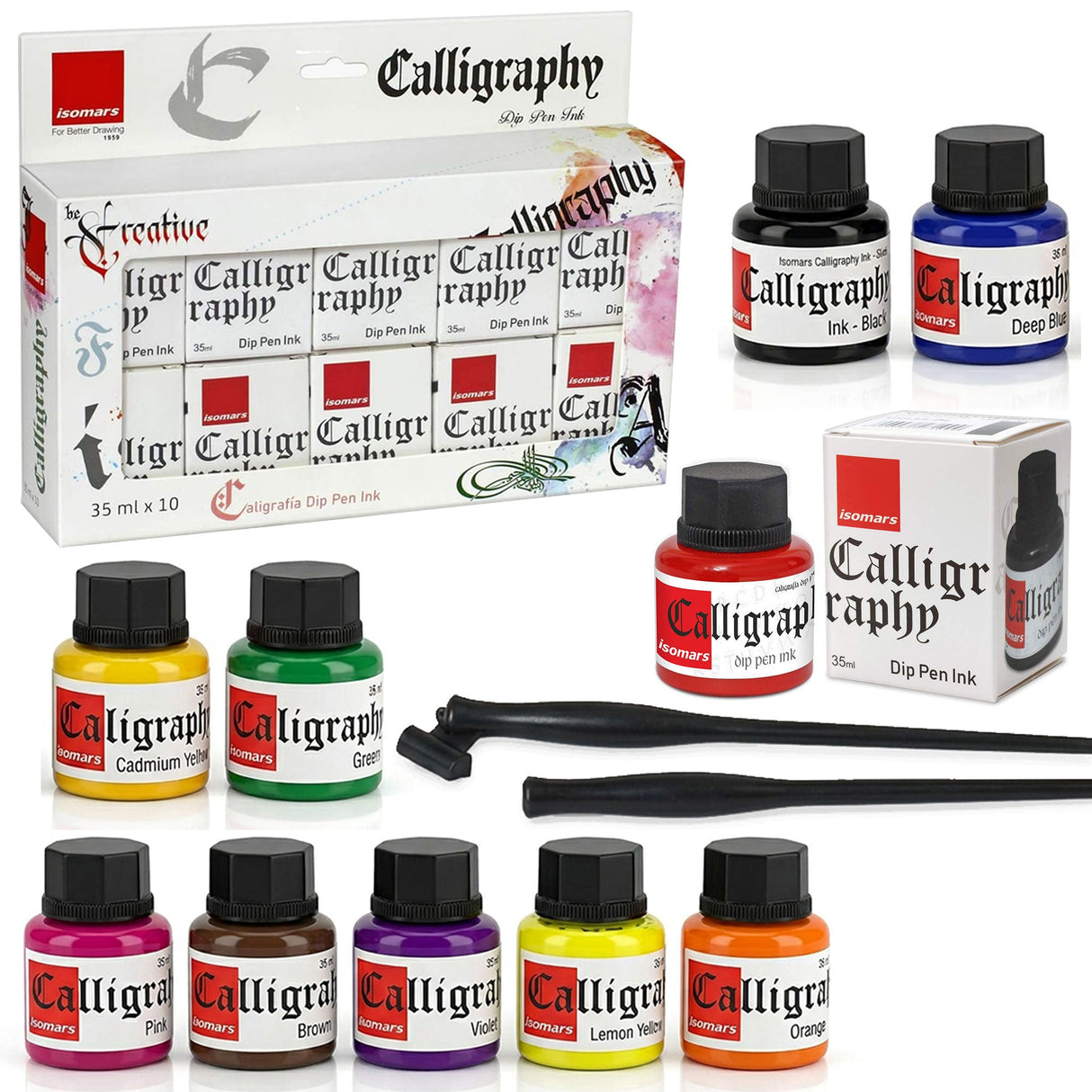 Calligraphy Ink (Set of 10) with FREE Straight and Oblique Holders - Isomars