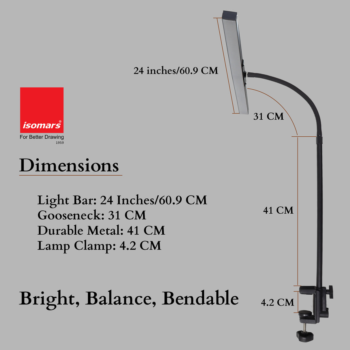 Isomars Desktop Table lamp, Overhead LED Desk Lamp Light, Table Holding clamp, Study, Computer lamp, 24" Light bar Flexible Gooseneck, 3 Color Mode, for Desktop, Bedroom, Office, Reading, etc