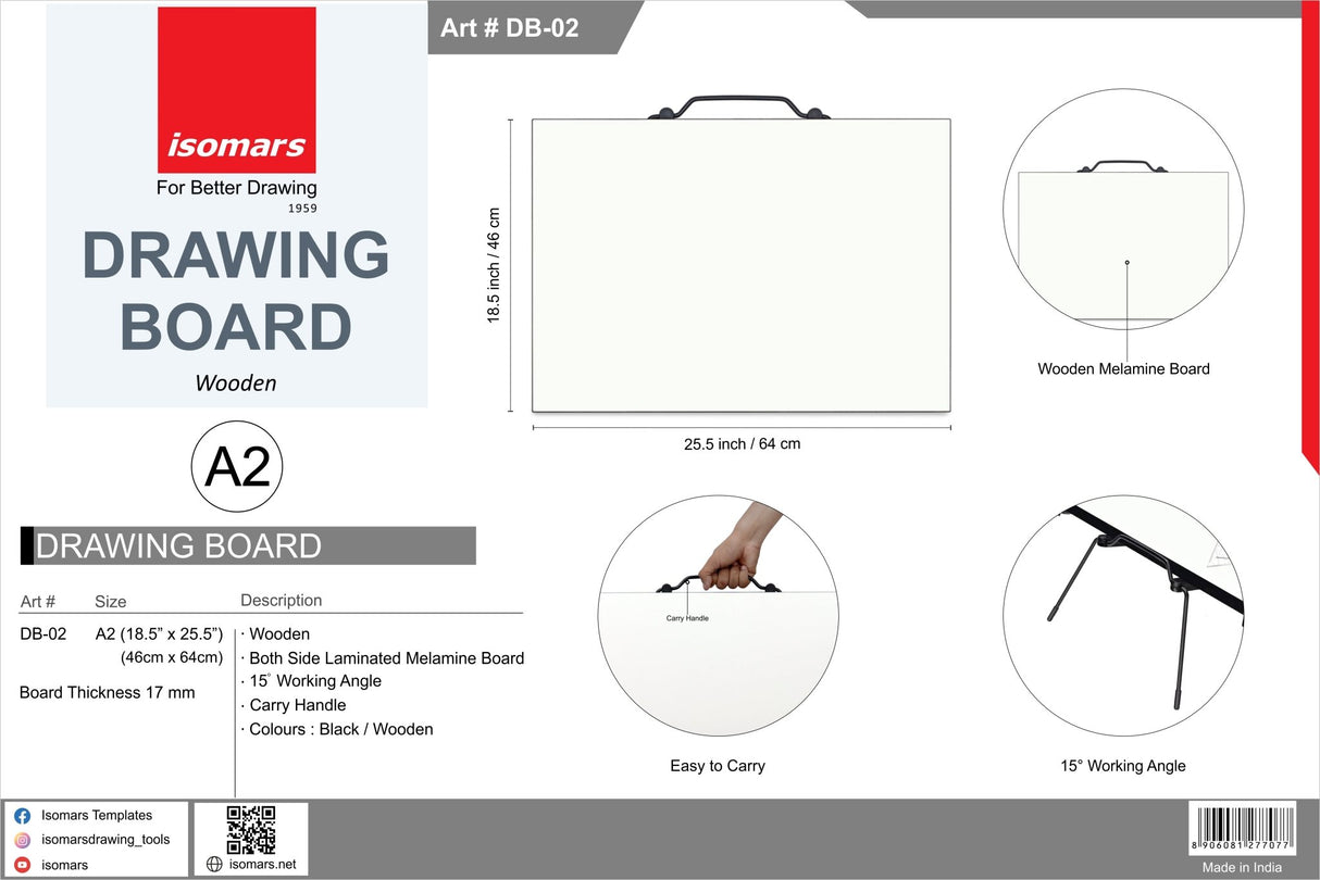 Drawing & Drafting Board(A2 size- 18.5" x 25.5") with Detachable T-Square Scale - Isomars