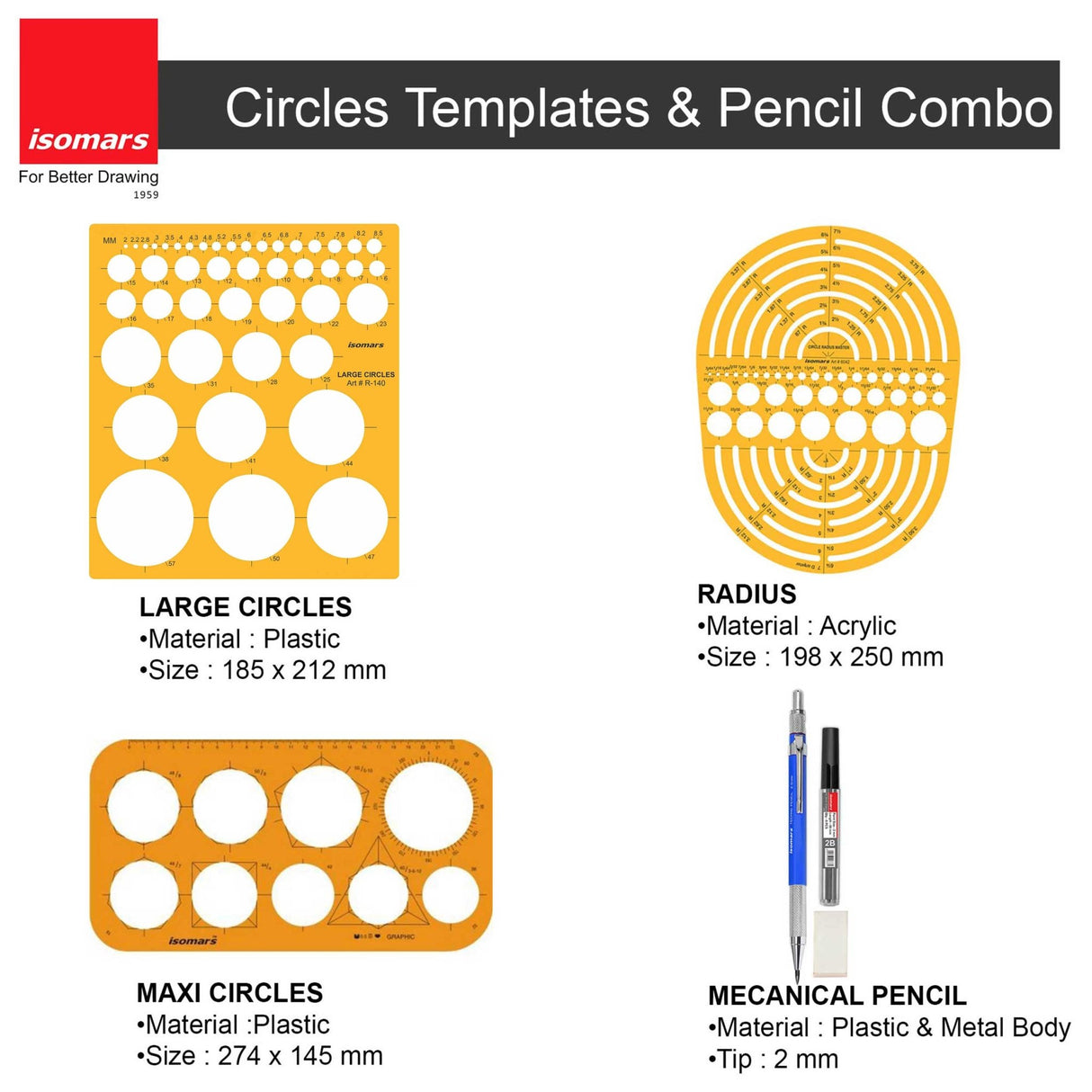 General Purpose Circles Templates & 2MM Mechanical Pencil Combo - Isomars