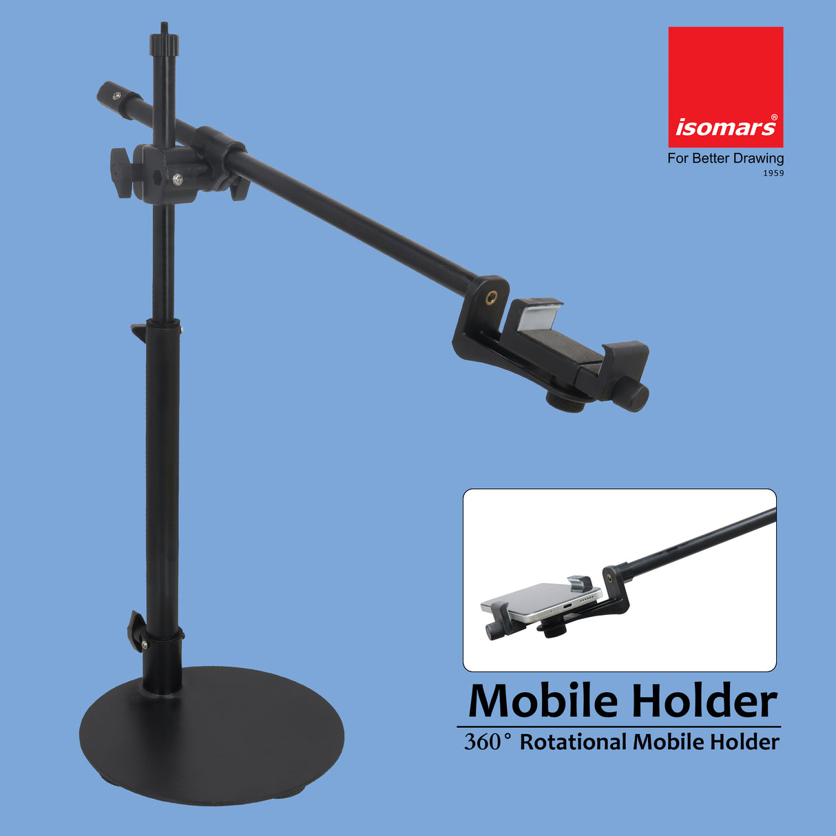 ISOMARS Overhead Mobile Photography Stand with Circular Base, 360° Adjustable Arm with Height Adjustment, Overhead Floor Mobile Stand for Photography, Videography from Overhead Position.