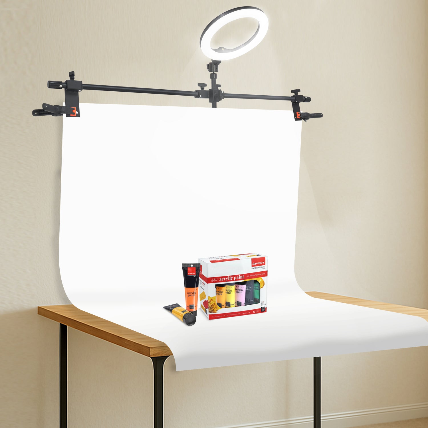 ISOMARS Backdrop Stand, Background Sheet Holder Stand, T-Shape Backdrop Stand, 33 inches Height & 41 inches Length, Table Holding C clamp, Adjustable Height and Backdrop, Phtography Stand