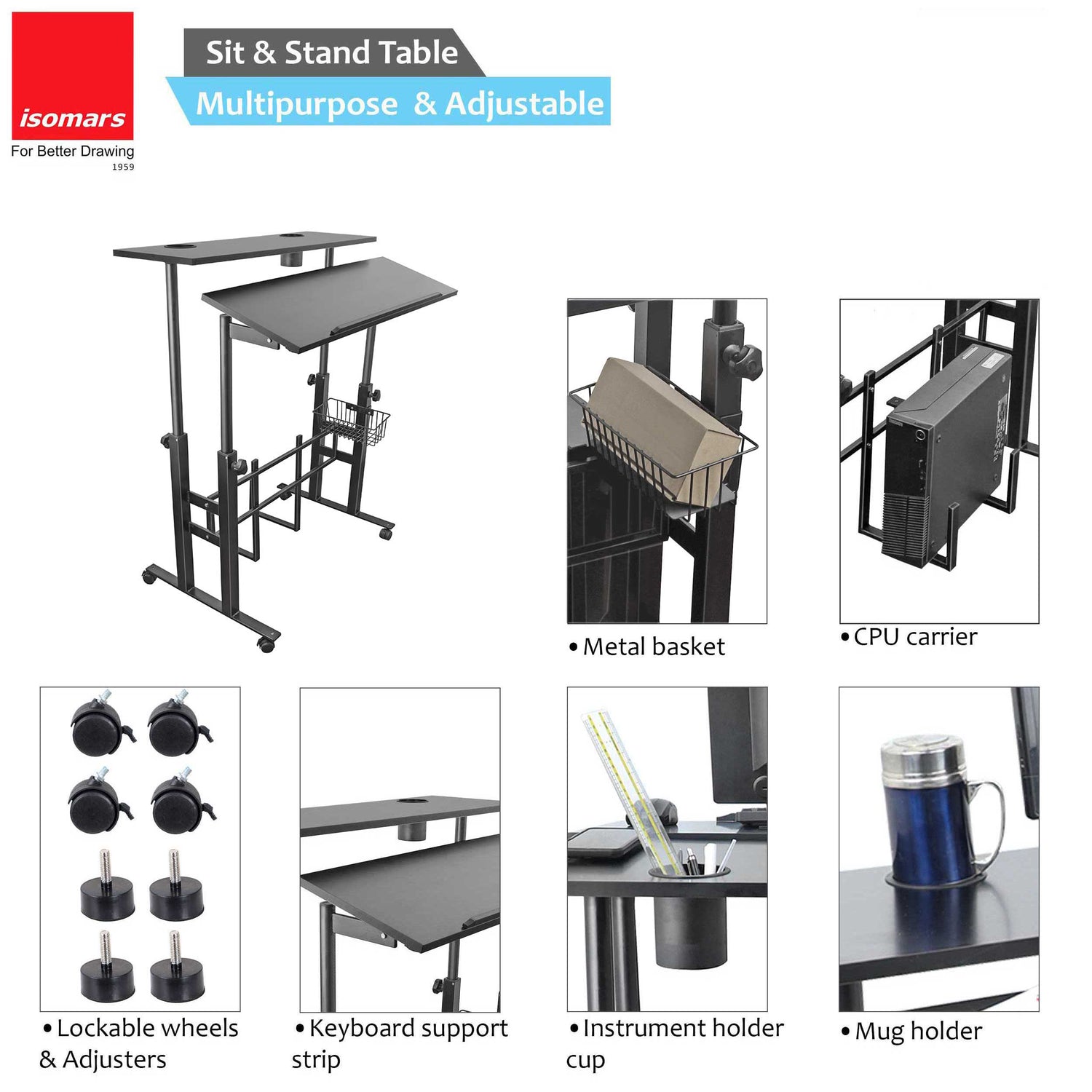 Isomars 36"/92Cm Wide Made In India Desktop & Laptop Adjustable Table & Computer Workstation - Useful For Using Gadgets Like Desktop, Laptop, Tab/Ipad, Mobile Phone Etc (Black) - Engineered Wood