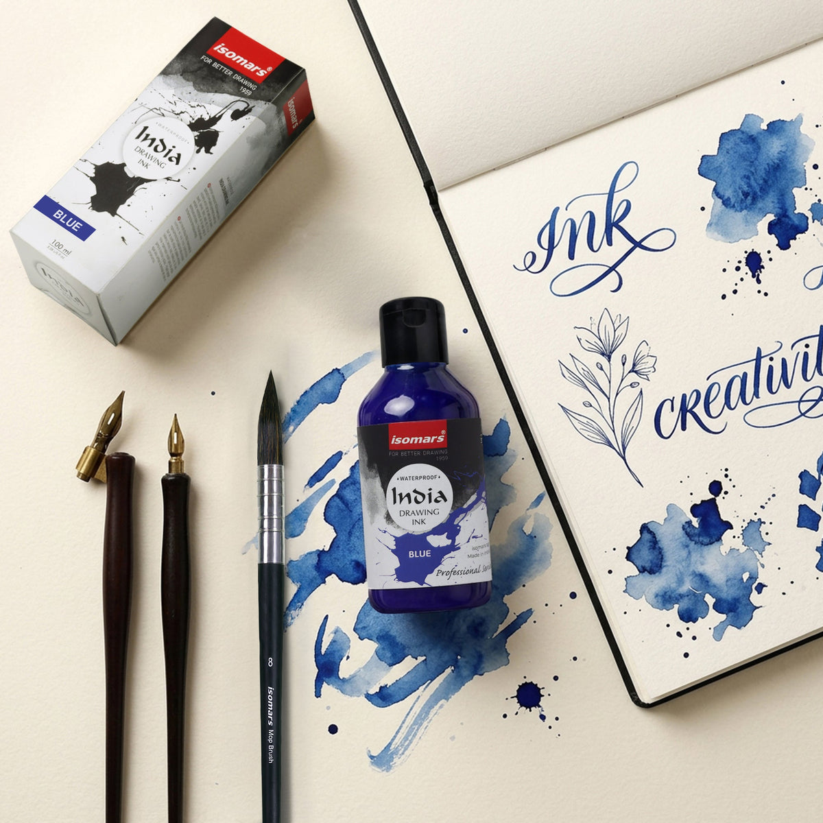India Waterproof Drawing Ink Blue 100ml | Permanent Lightfast Artist Ink for Calligraphy, Airbrush, Illustration & Fabric Painting - Isomars