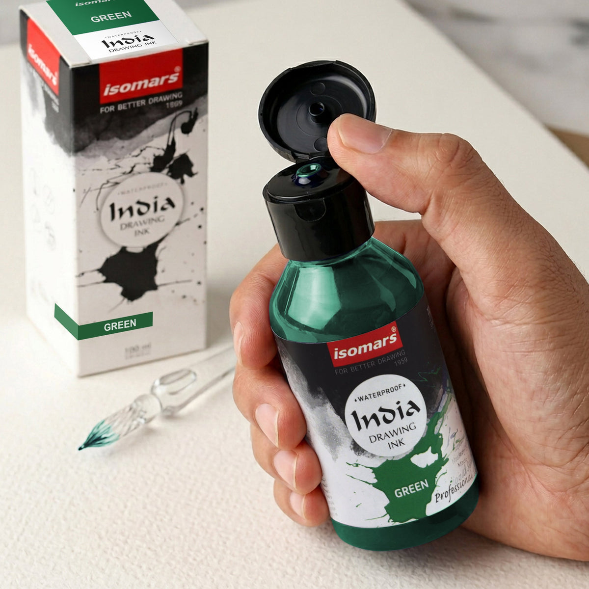 India Waterproof Drawing Ink Green 100ml | Permanent Lightfast Artist Ink for Calligraphy, Airbrush, Illustration & Fabric Painting - Isomars