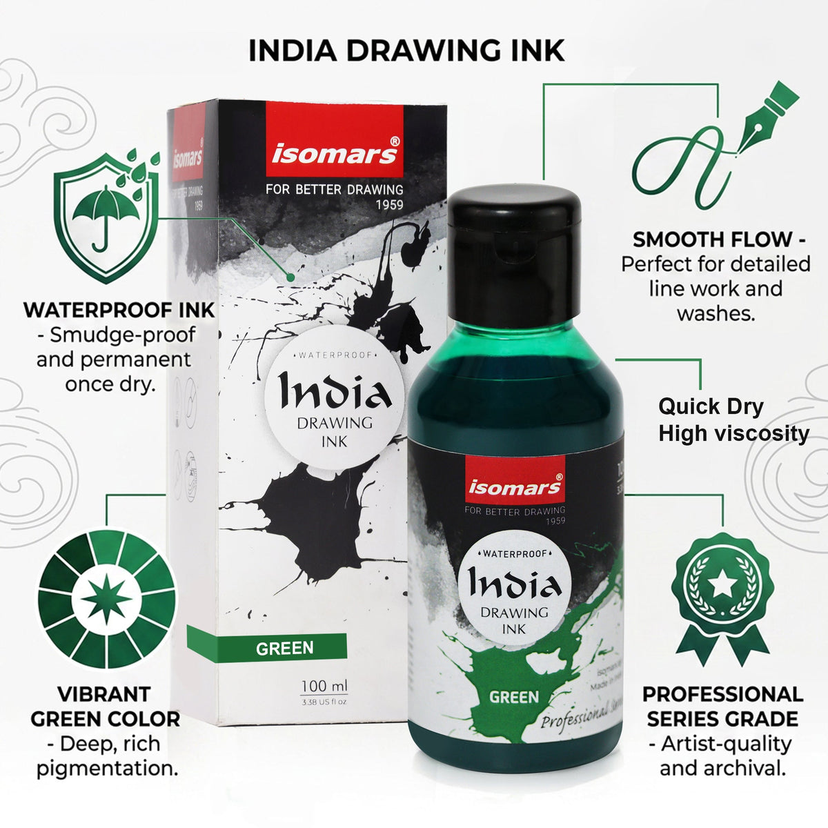 India Waterproof Drawing Ink Green 100ml | Permanent Lightfast Artist Ink for Calligraphy, Airbrush, Illustration & Fabric Painting - Isomars