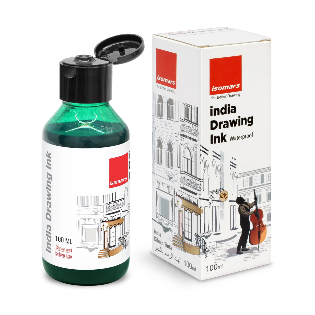 India Waterproof Drawing Ink Green 100ml | Permanent Lightfast Artist Ink for Calligraphy, Airbrush, Illustration & Fabric Painting - Isomars