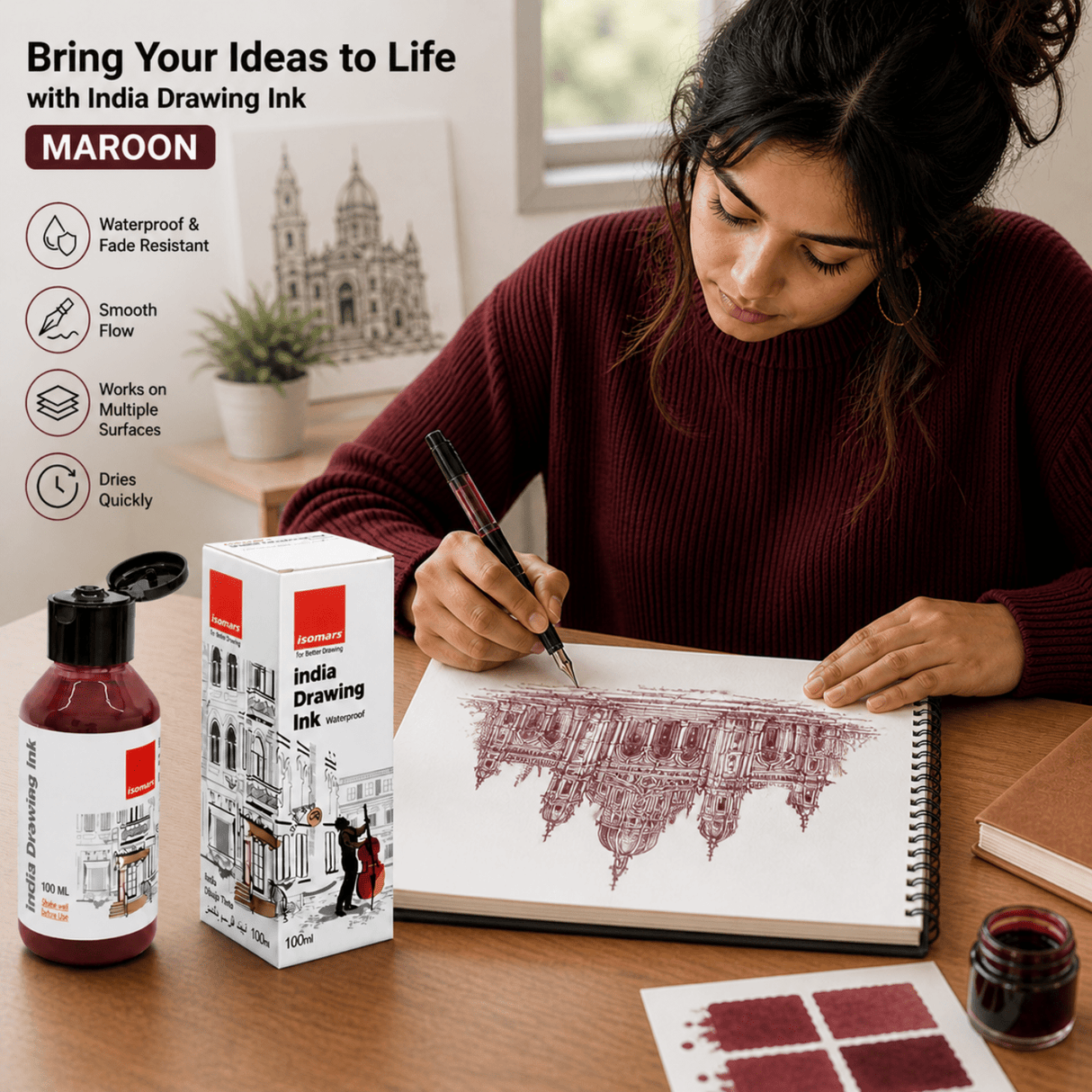 India Waterproof Drawing Ink Maroon 100ml | Permanent Lightfast Artist Ink for Calligraphy, Airbrush, Illustration & Fabric Painting - Isomars