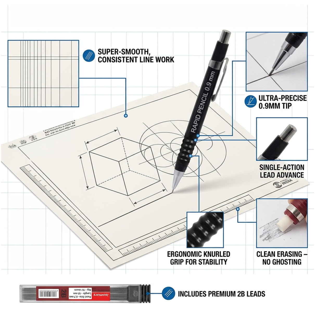 Isomars 0.9mm Mechanical Pencil with 10 Extra 2B Leads & Eraser | Rapid Drafting Pencil for Drawing, Sketching, Writing & Technical Drafting | For Students, Artists & Professionals - Isomars