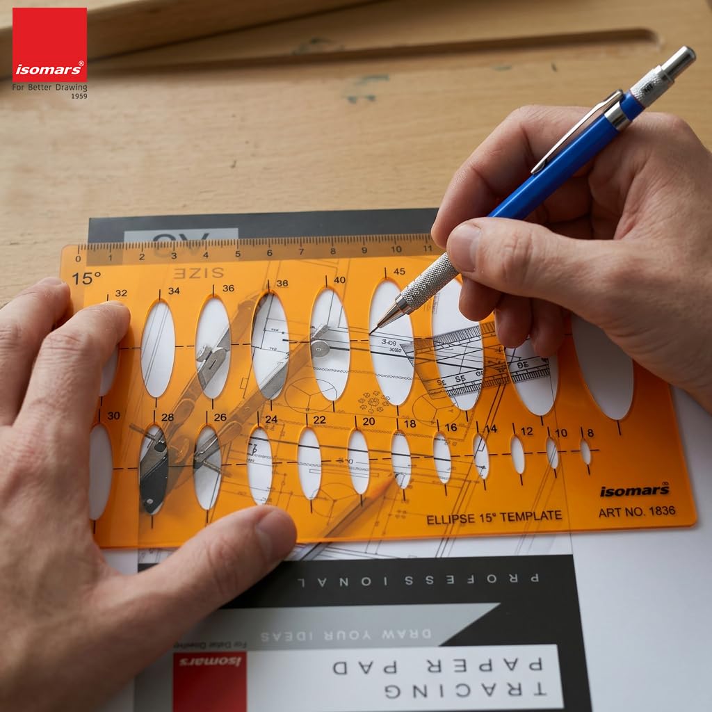 Isomars 15° Ellipse Drawing Flexible Template | Transparent Ellipse Drafting Stencil with Multiple Ellipse Sizes & Metric Scale for Technical Drawing, Architecture, Engineering, Design & Isometric Drawing - Isomars