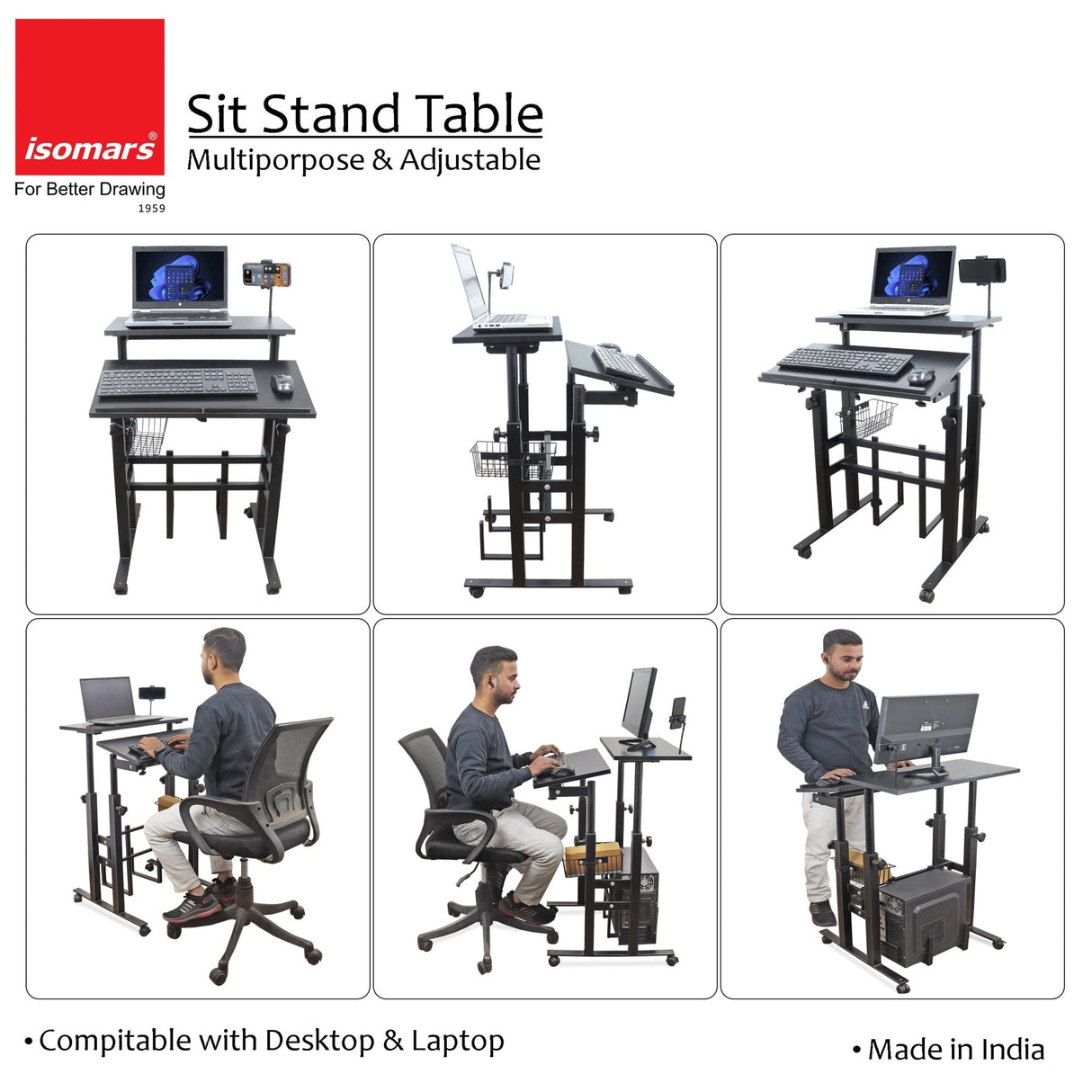 Isomars 24"/61cm Wide Made In India Desktop & Laptop Multipurpose Adjustable Table & Computer Workstation - Useful for Using Gadgets Like Desktop, Laptop etc (Black) - Isomars