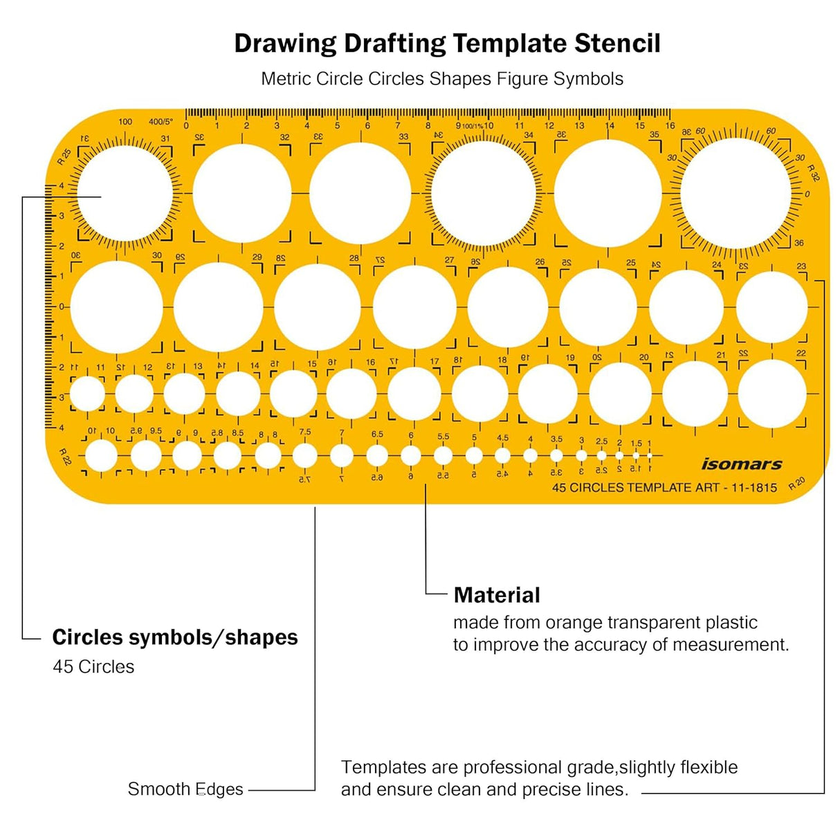 Isomars 45 Circles Drawing Template Stencil | Metric Circle Drafting Template with Built-in Scale | Transparent Plastic Geometry Drawing Tool for Architects, Engineers, Designers, Artists & Students - Isomars