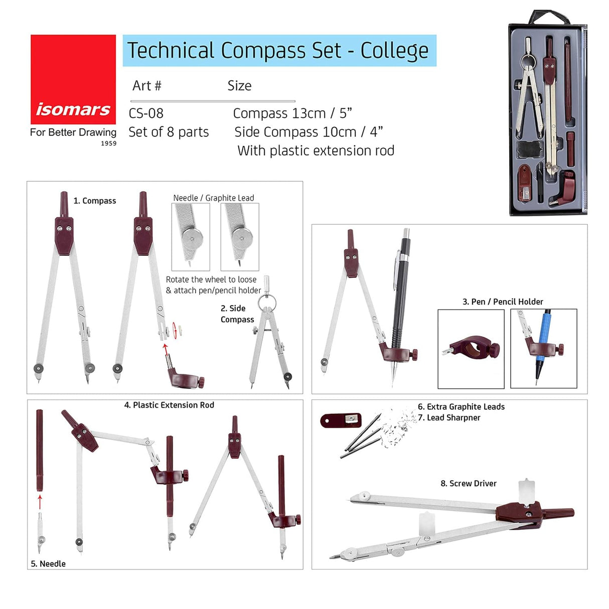 Isomars A2 Drawing & Drafting Kit | 18.5" x 25.5" Drafting Board with Compass Set, Set Squares, Pencil, Triangular Scale & Protractor | Technical Drawing Kit for Architects, Engineers, Students & Professionals - Isomars