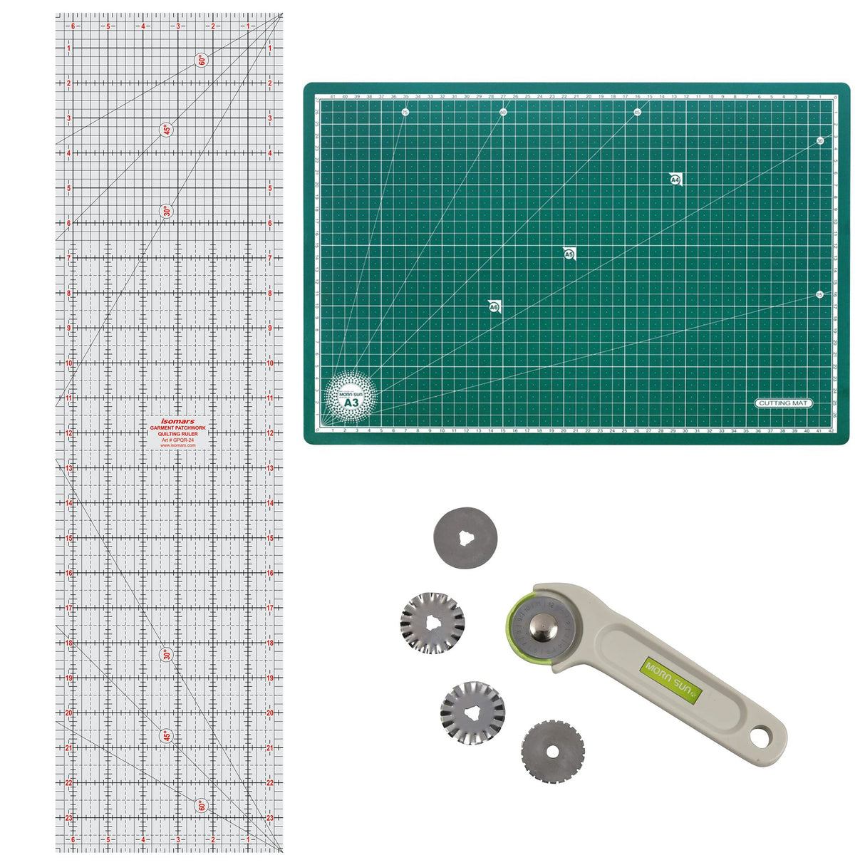Isomars A3 Self-Healing Cutting Mat with 24 Inch Quilting Ruler & Rotary Cutter Set | Fabric Cutting Kit for Sewing, Tailoring, Quilting, Patchwork, Fashion Designing & Crafts - Isomars