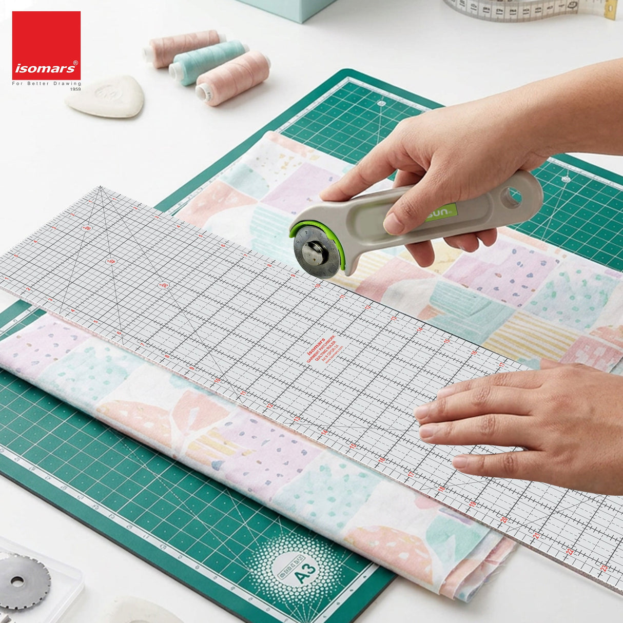Isomars A3 Self-Healing Cutting Mat with 24 Inch Quilting Ruler & Rotary Cutter Set | Fabric Cutting Kit for Sewing, Tailoring, Quilting, Patchwork, Fashion Designing & Crafts - Isomars