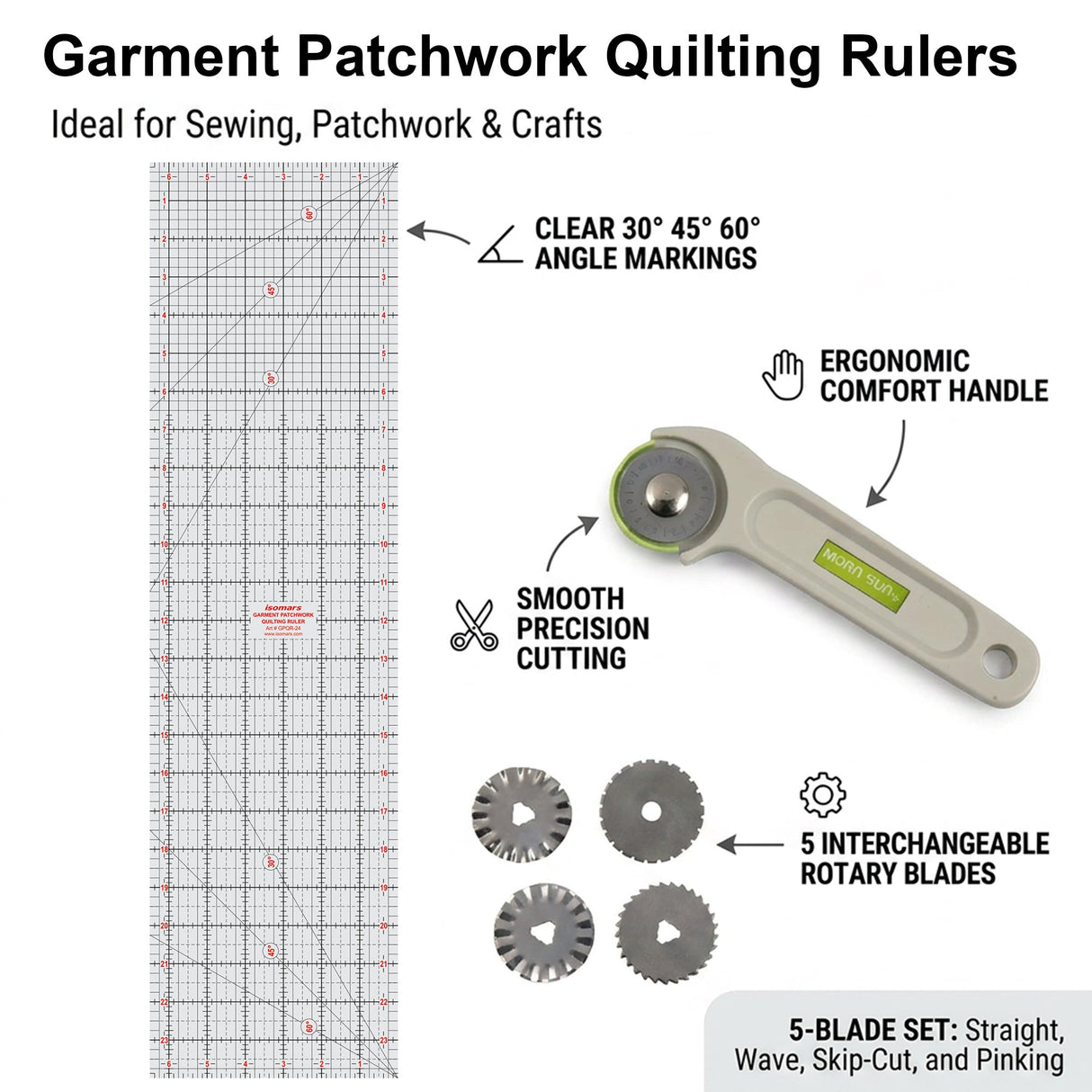 Isomars A3 Self-Healing Cutting Mat with 24 Inch Quilting Ruler & Rotary Cutter Set | Fabric Cutting Kit for Sewing, Tailoring, Quilting, Patchwork, Fashion Designing & Crafts - Isomars