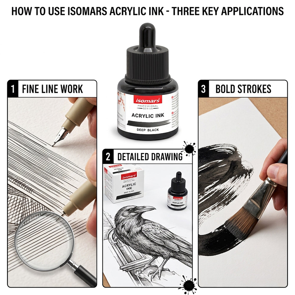 Isomars Acrylic Ink 35ml Deep Black Waterproof Ink with Dropper - Isomars