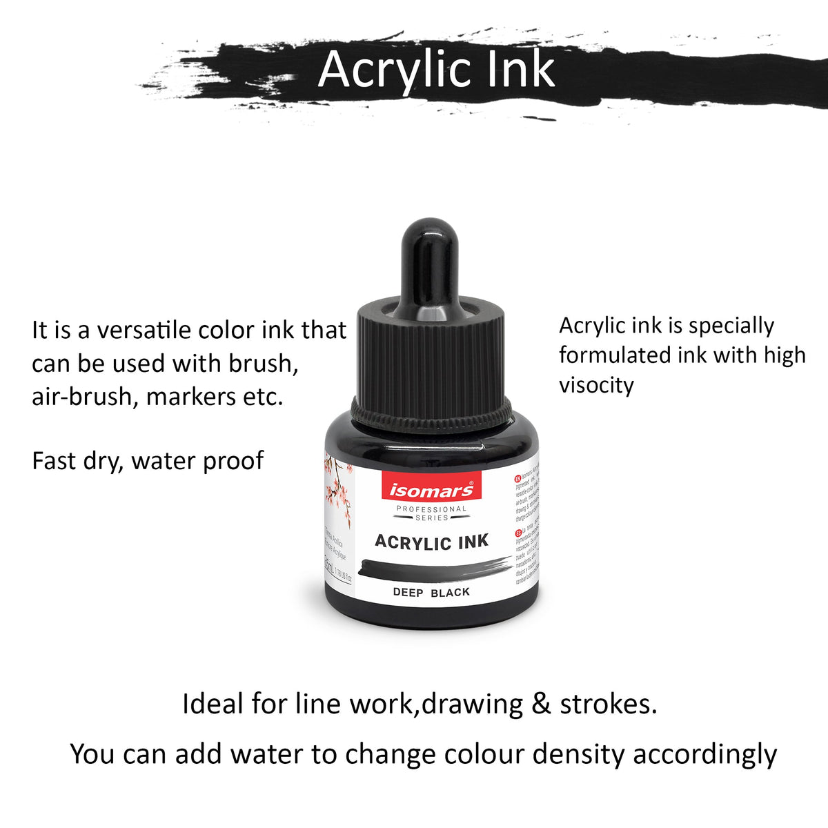 Isomars Acrylic Ink 35ml Deep Black Waterproof Ink with Dropper - Isomars