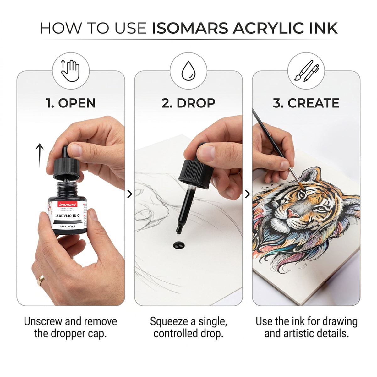 Isomars Acrylic Ink 35ml Deep Black Waterproof Ink with Dropper - Isomars