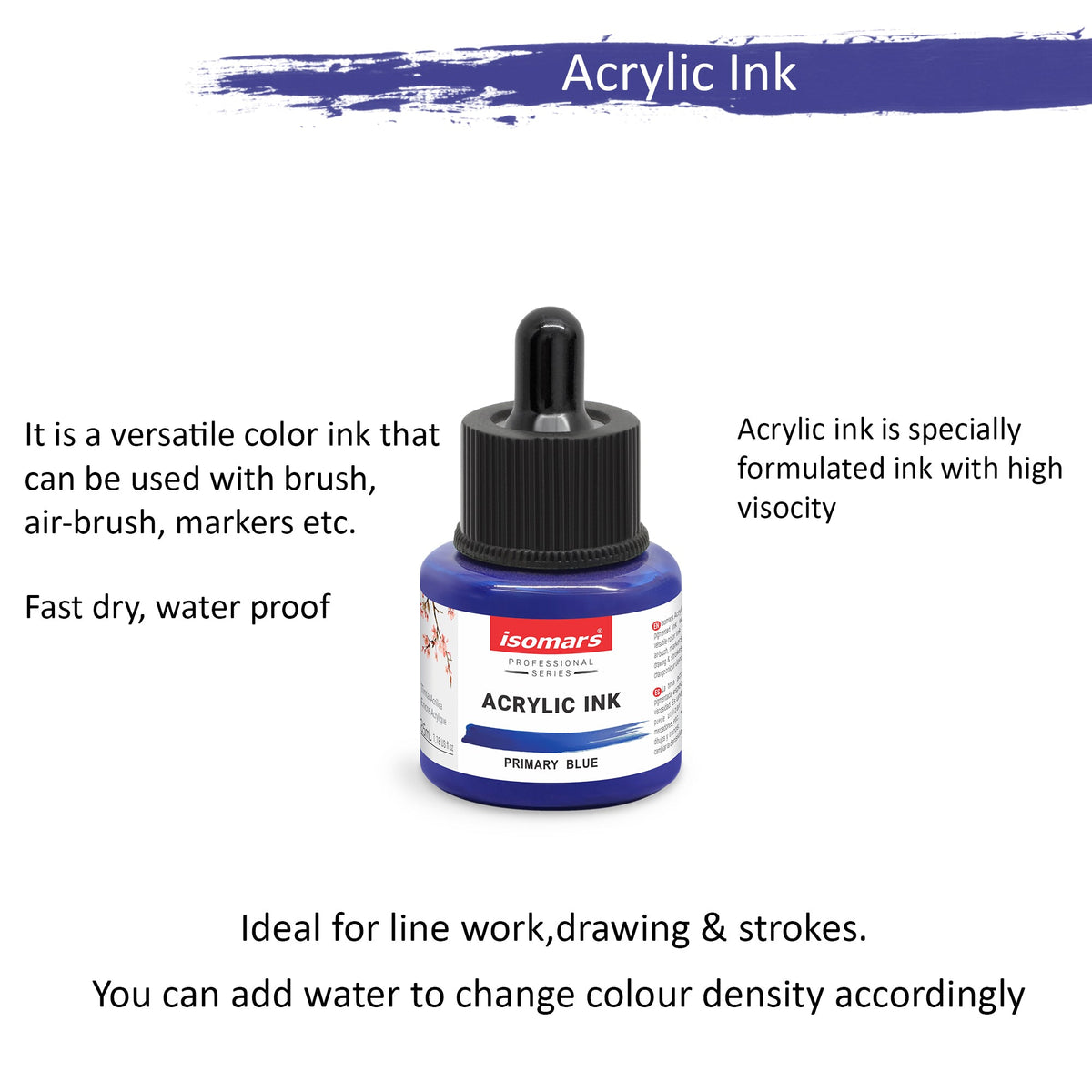 Isomars Acrylic Ink Blue 35ml with Dropper for Art & Drawing - Isomars
