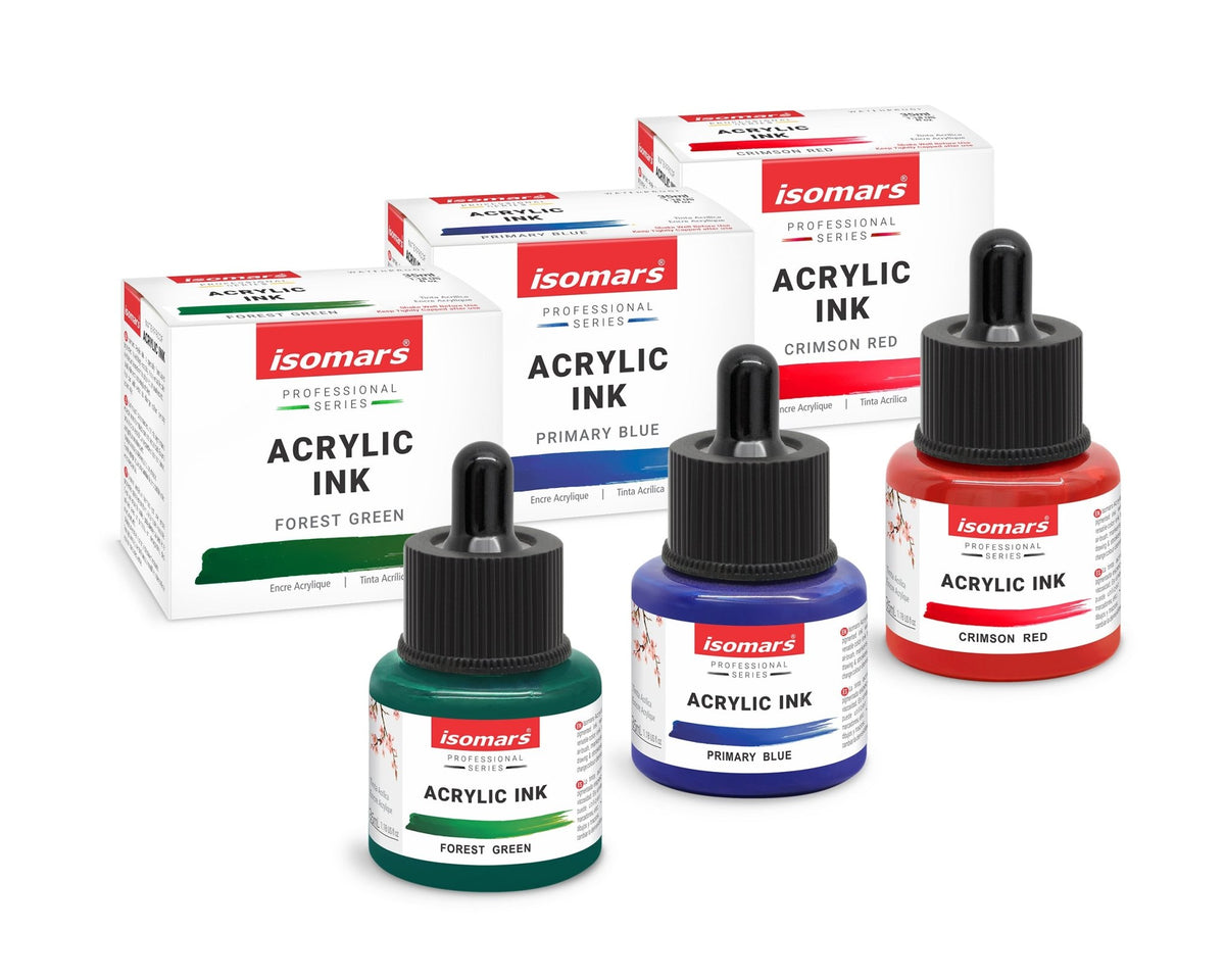 Isomars Acrylic Ink Set of 3: Crimson Red, Forest Green, Primary Blue - Isomars