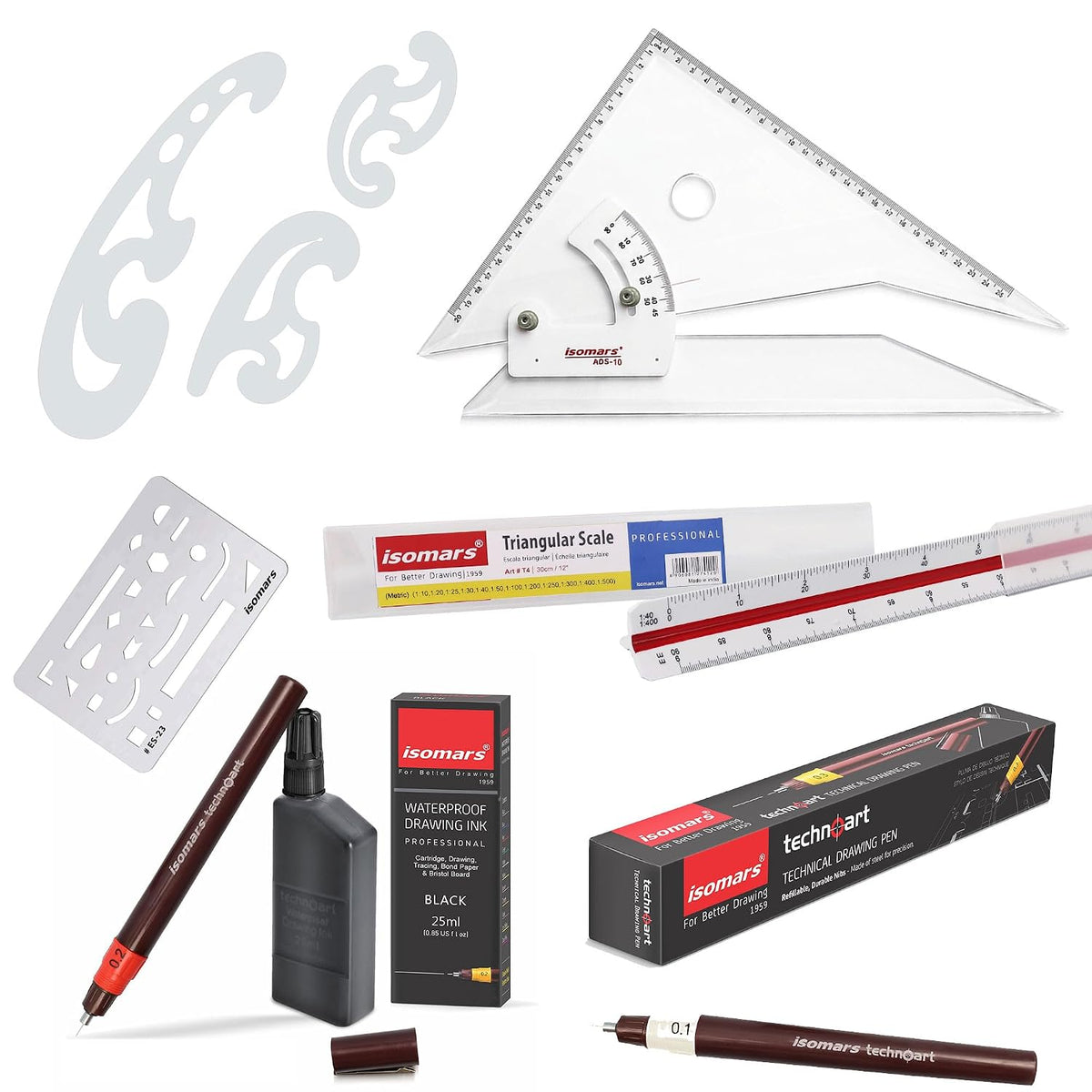 Isomars Architect Student Kit for Drawing, Drafting & Designing Complete architect drafting kit with scales, pens, ink, French curves & essential tools for students and professionals - Isomars