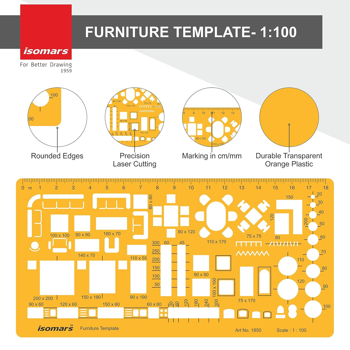 Isomars Architect Template Set of 3 | Scale 1:50, 1:100 & 1:200 Drawing Drafting Stencils for Furniture Layout, House Planning, Interior Design, Architecture, Blueprint & Floor Plan Drawing - Isomars