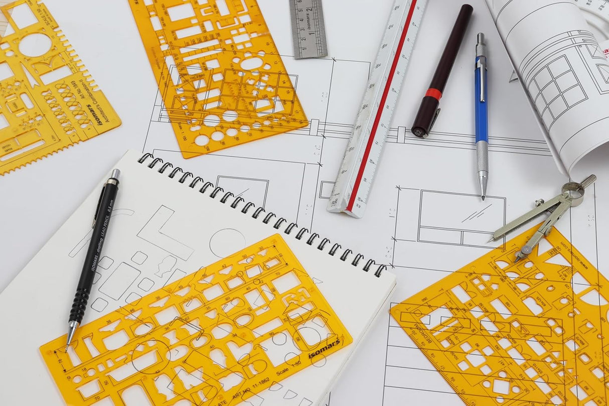 Isomars Architect Template Set of 3 | Scale 1:50, 1:100 & 1:200 Drawing Drafting Stencils for Furniture Layout, House Planning, Interior Design, Architecture, Blueprint & Floor Plan Drawing - Isomars