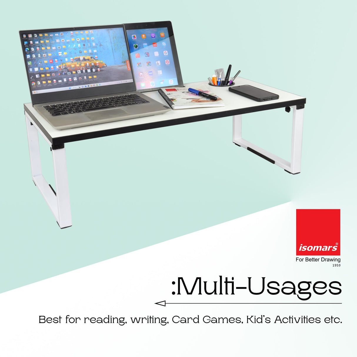 Isomars Bed Desk/Floor Desk Laptop Study Table for Work from Home, Online Classes, Card Games and Kid's Activities (White) - Isomars
