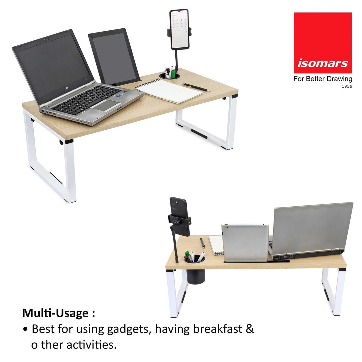 Isomars Bed Desk/Floor Desk with Mobile Holder 76cm x 35.5cm (30" x 14") Laptop Study Table for Work from Home, Online Classes, Card Games and Kid's Activities (Wooden) - Isomars