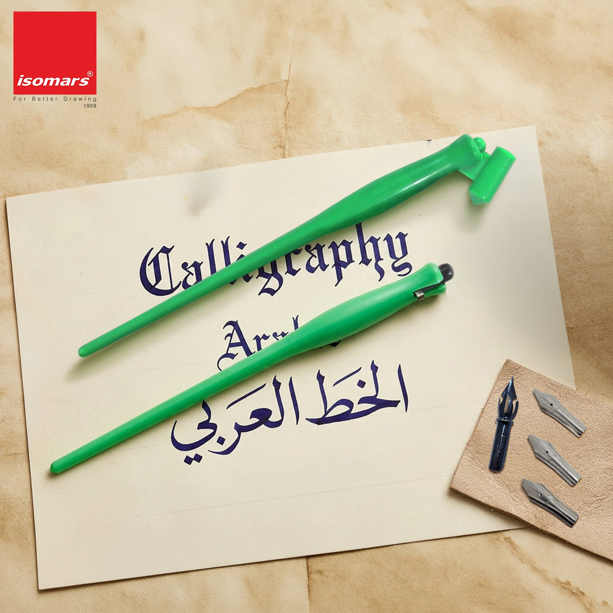 Isomars Calligraphy Pen Set with 2 Holders, 4 Nibs & Plastic Flange for Copperplate, Arabic and Gothic calligraphy - Isomars