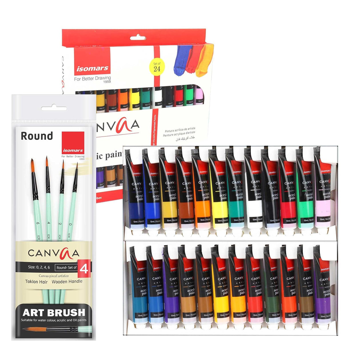 Isomars Canvaa Acrylic Paint 12ml And Set of 4 Round Brush Free - Vibrant Pigmented & Fadeproof Colours 4 - ARTIST SERIES - For Canvas Painting, (12ML - Set of 24) - Isomars