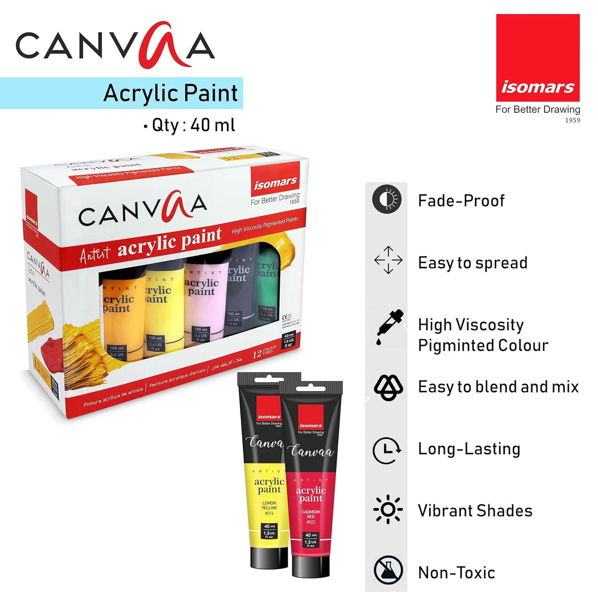 Isomars CANVAA Acrylic Paints - (40ml) - Set of 12 Vibrant Pigminted & Fadeproof Colours 4 - ARTIST SERIES - For Canvas Painting, Scrap Book, Paper Board, Wood & Terracotta - Isomars