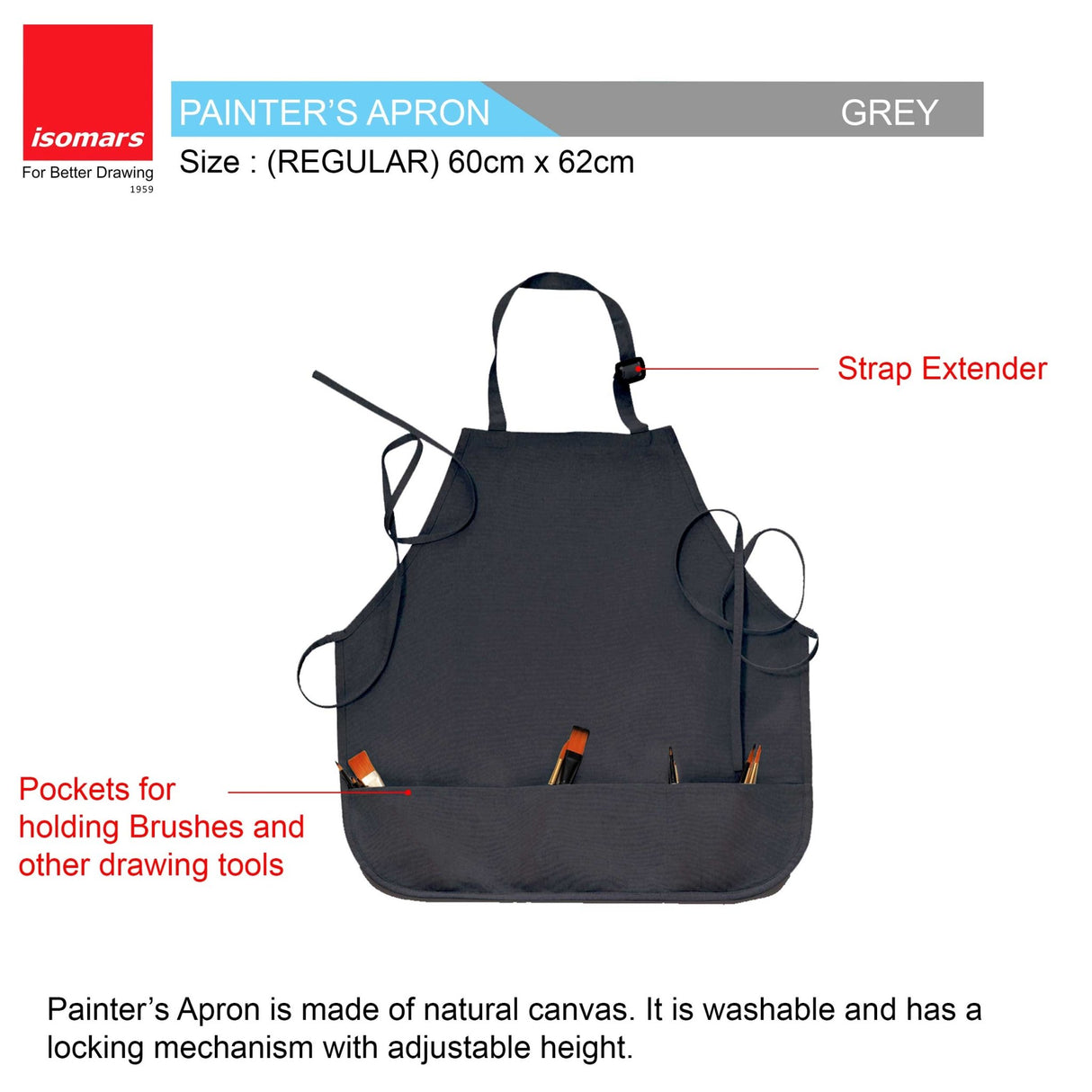Isomars Canvas Painter's Apron with Adjustable Strap & Tool Pockets for brushes, tools, and art supplies - Isomars