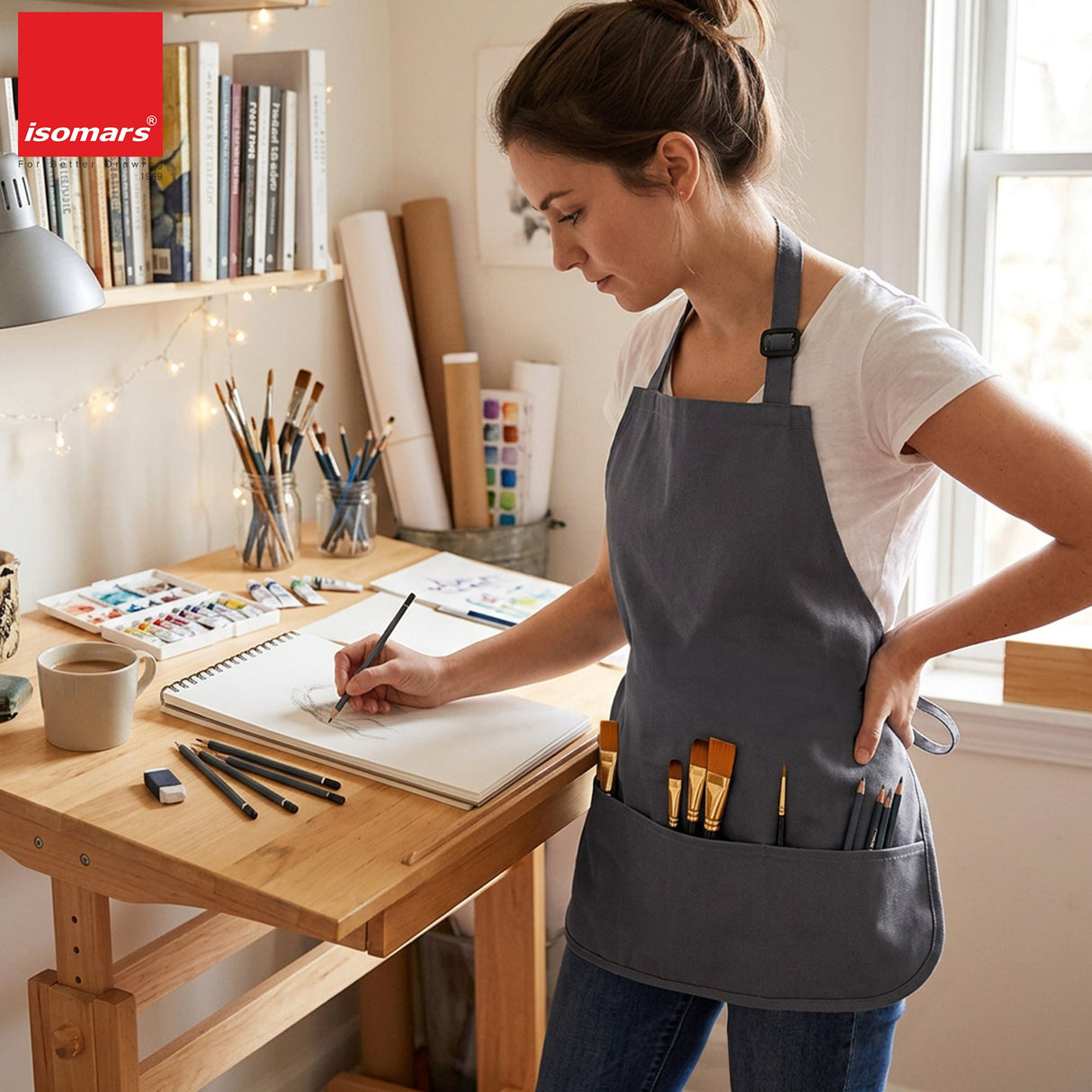 Isomars Canvas Painter's Apron with Adjustable Strap & Tool Pockets for brushes, tools, and art supplies - Isomars