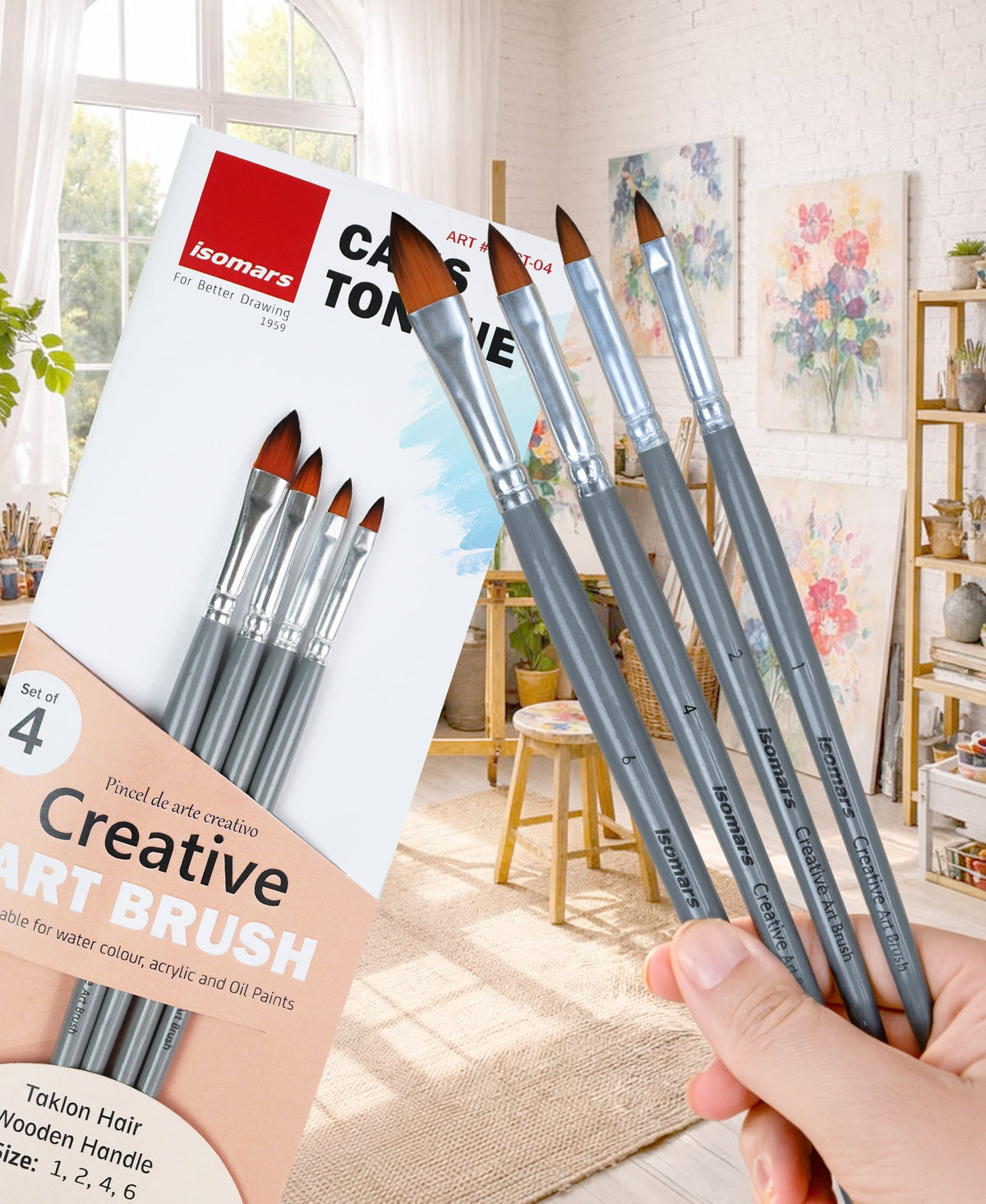Isomars Cat’s Tongue Art Brush Set of 4 - Taklon Hair, Sizes 1, 2, 4, 6 - Isomars