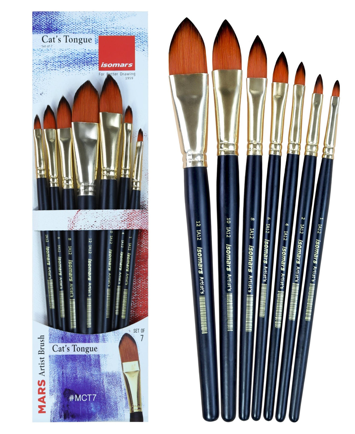 Isomars Cat's Tongue Paint Brush Set of 7 | Sizes 1, 2, 4, 6, 8, 10, 12 - Isomars