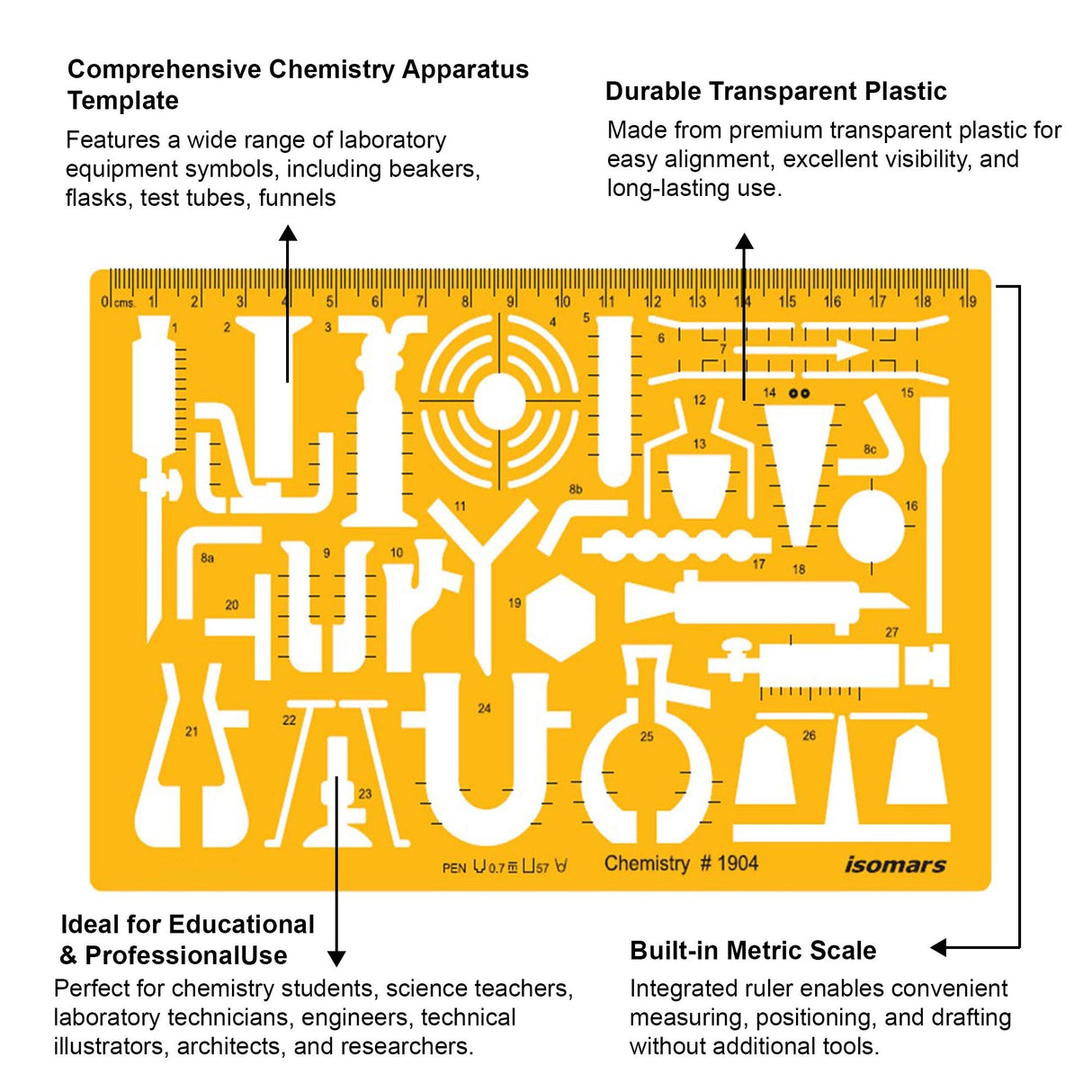Isomars Chemistry Laboratory Drawing Template Stencil | Technical Drafting Tool for Scientific Apparatus & Lab Equipment Symbols | Transparent Plastic Template with Metric Scale (Art 1904) - Isomars
