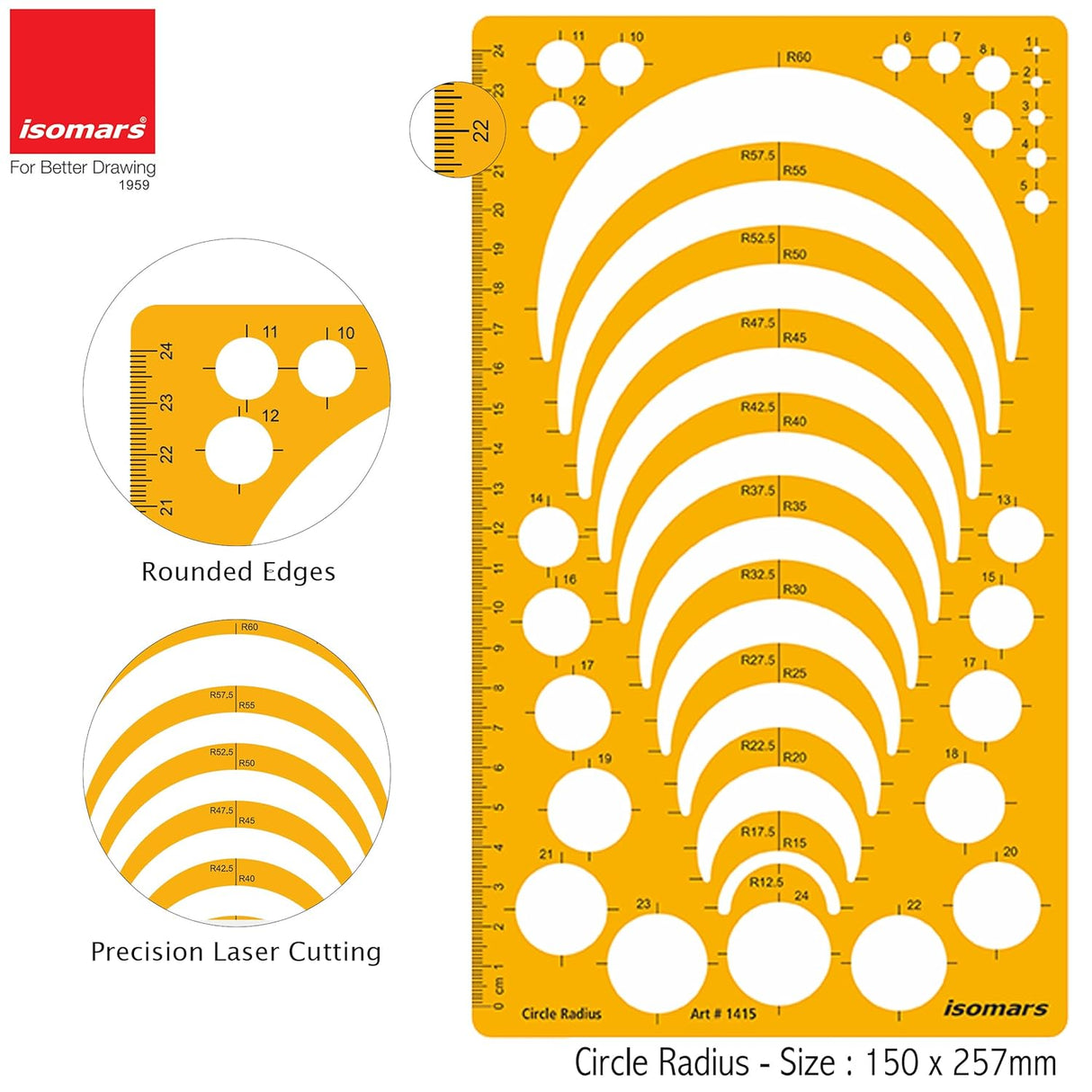 Isomars Circle Radius Drawing Drafting Template for Students & Professionals - 150 x 257mm - Isomars