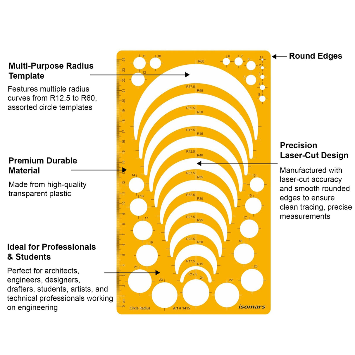 Isomars Circle Radius Template Ruler | Precision Drafting Stencil with Radius Curves R12.5-R60, Circle Templates & Metric Scale | Engineering, Architecture, Technical Drawing & Design Tool (150 x 257 mm) - Isomars