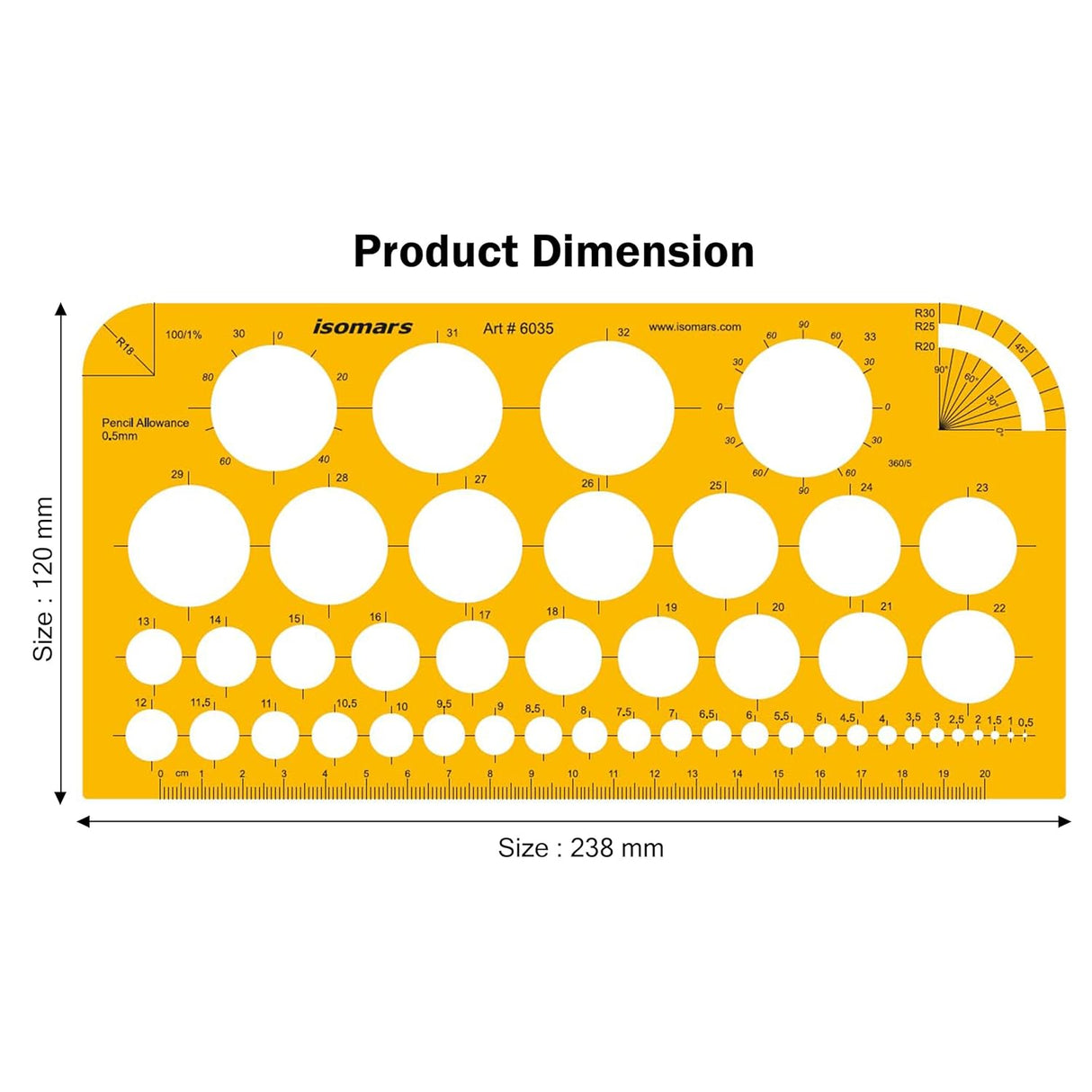 Isomars Circle Template Stencil with Multiple Diameter Sizes, Precision Geometry Drafting Tool with cm/mm Ruler, Degree Angle Guides & Smooth Round Edges for Students, Engineers, Architects & Designers - Isomars
