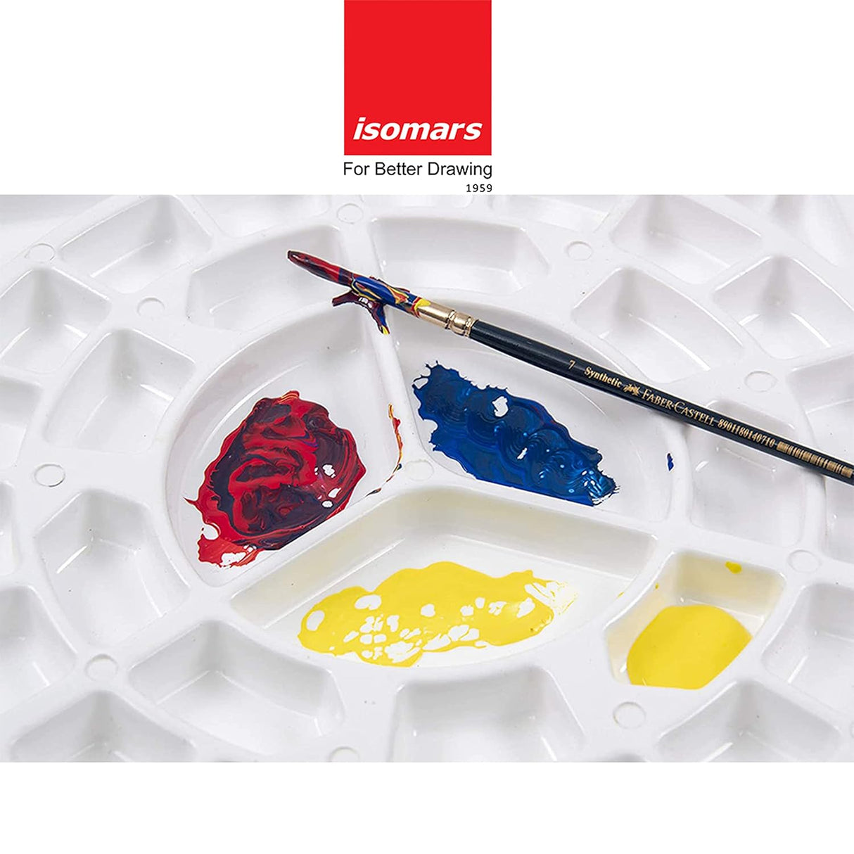 Isomars Colour Mixing Palette Square with Round Brush Set of 7 | 33 Well Plastic Paint Mixing Tray for Acrylic, Watercolor, Oil & Craft Painting | Artist Starter Kit - Isomars