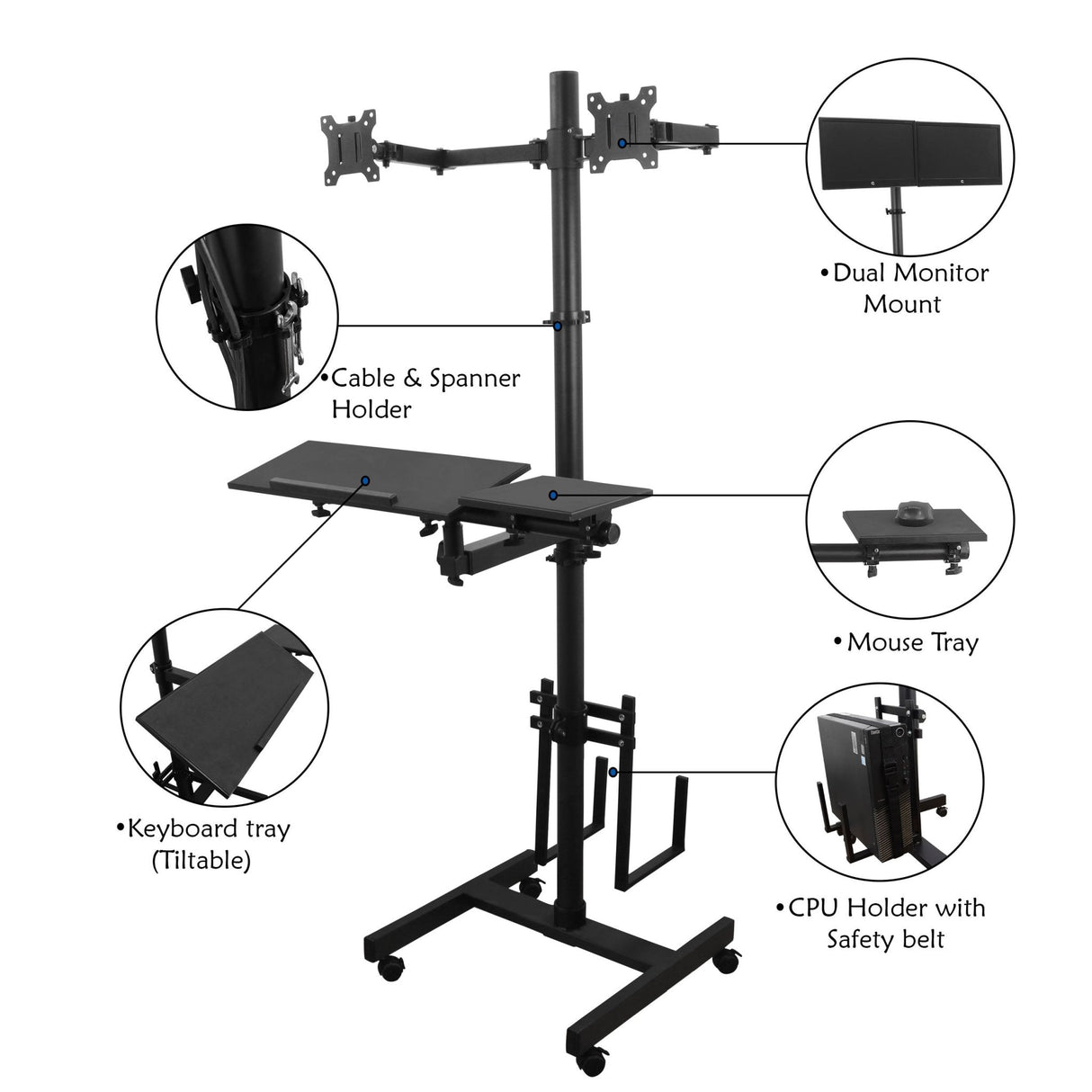 Isomars Computer Standing Desktop Workstation with Dual Monitor Mount Adjustable Height with Keyboard & Mouse Tray Space for CPU Holder, Sit Stand Table comes with Wheel for easy to move - Isomars