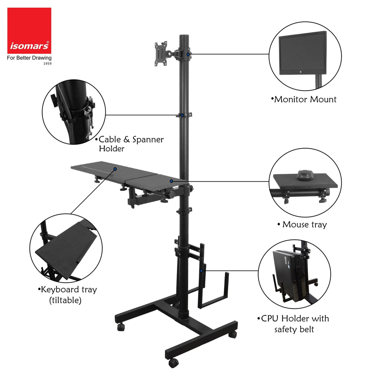 Isomars Computer Standing Desktop Workstation with Monitor Mount Adjustable Height with Keyboard & Mouse Tray Space for CPU Holder, Sit Stand Table Comes with Wheels for Easy to Move. - Isomars
