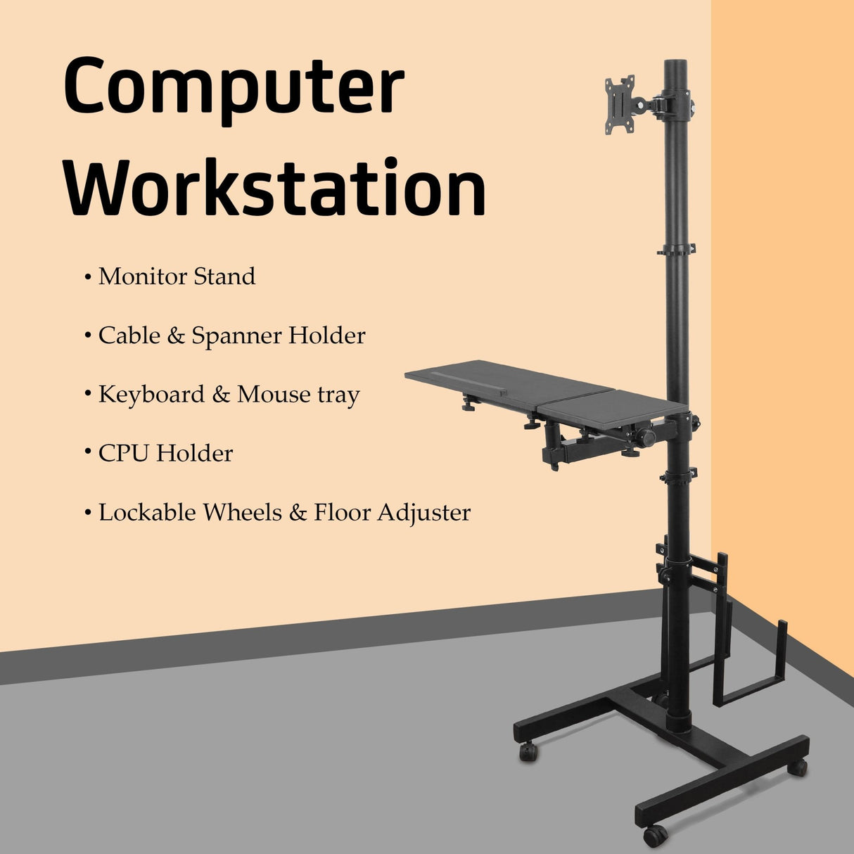 Isomars Computer Standing Desktop Workstation with Monitor Mount Adjustable Height with Keyboard & Mouse Tray Space for CPU Holder, Sit Stand Table Comes with Wheels for Easy to Move. - Isomars