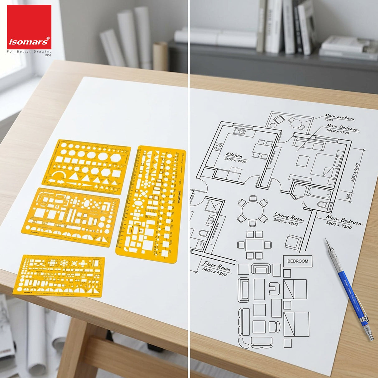 Isomars Designing Templates Combo Set of 11 | Architectural, Engineering & Interior Design Drafting Templates with Broad Scale Ruler for Technical Drawing, CAD Sketching & Planning - Isomars