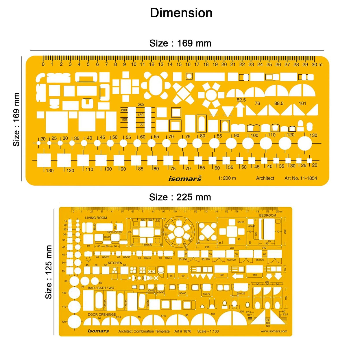 Isomars Designing Templates Combo Set of 11 | Architectural, Engineering & Interior Design Drafting Templates with Broad Scale Ruler for Technical Drawing, CAD Sketching & Planning - Isomars