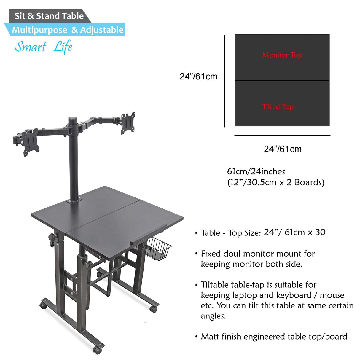 Isomars Desktop Table with dual Monitor Mount - Adjustable Height & Angles, Computer Workstation Useful for Gadgets Like Desktop, Laptop- Made in India (Black). - Isomars